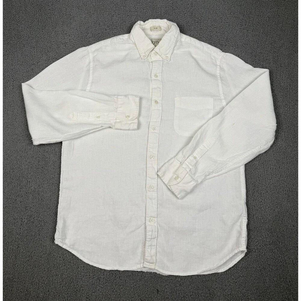J. Crew Shirt Mens M White 100% Linen Button Up Long Sleeve Slim Fit Lightweight
